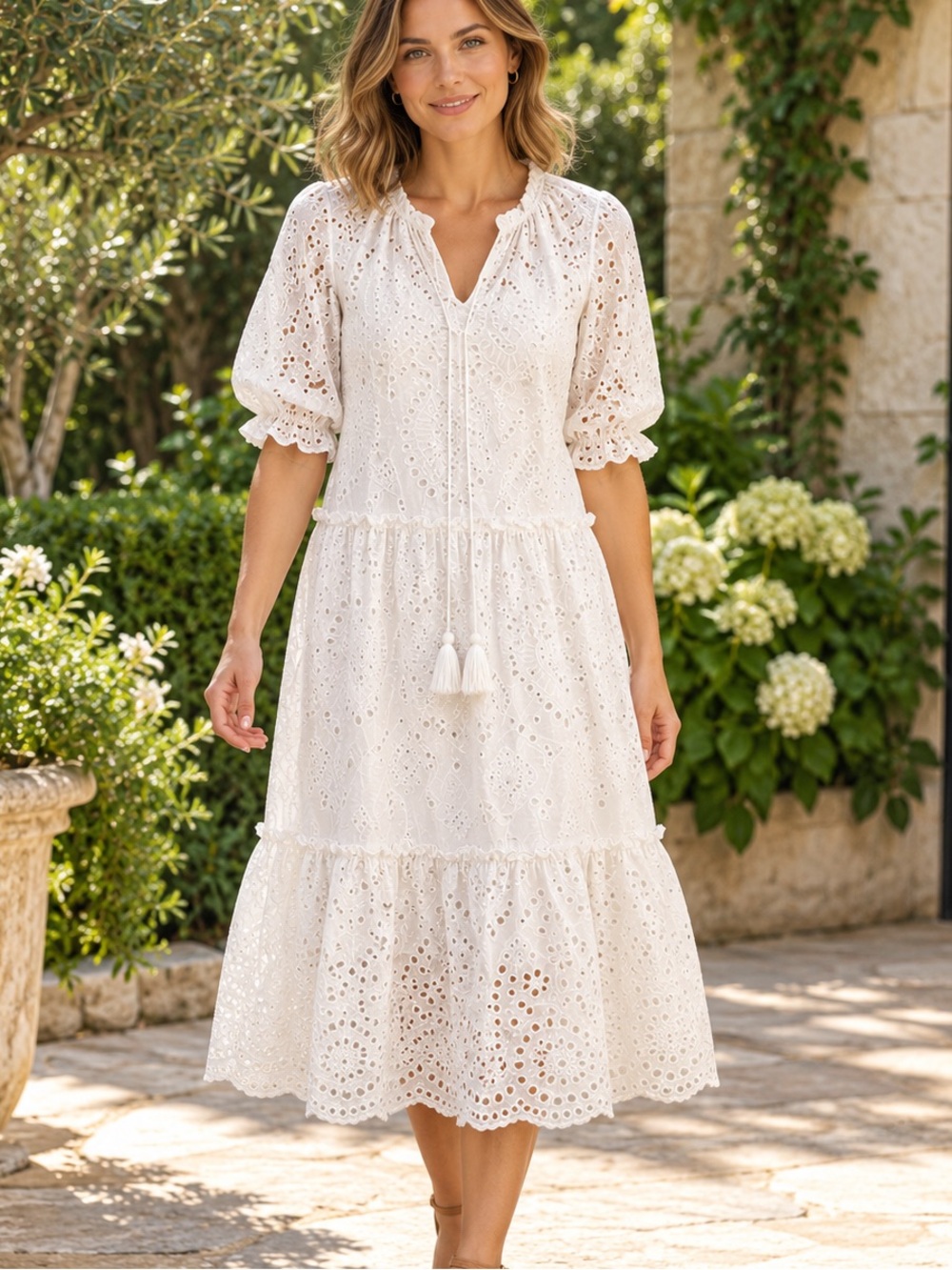 o.p.t Sundays White Cotton Eyelet Tiered Midi Dress Size Small NWT